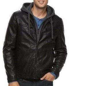 Mens Moto Jacket Apt 9 Black Small Synthetic Leather Hooded Quilted Lined Zip Up